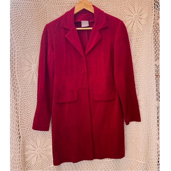 Rabbit Design 90s Long Button Up Blazer Coat Red Stretchy Or Mini Dress - Picture 1 of 6